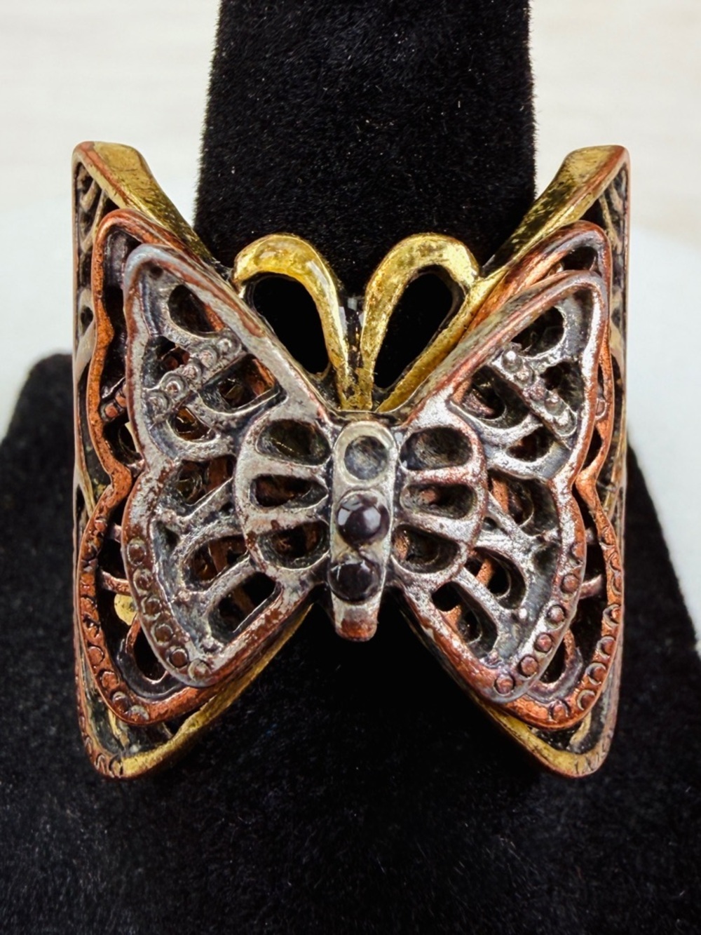 Vintage, three tone, 3-D butterfly stretch ring size 7